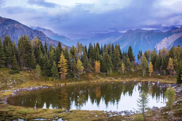 Спокійна Сцена Біля Гірського Озера Канаді Відзеркаленням Каменів Спокійній Воді — стокове фото