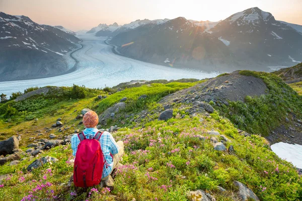 カナダの山の中で男をハイキング ハイキングは北米で人気のレクリエーション活動です 絵のように美しいコースがたくさんあります — ストック写真