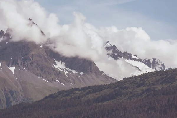夏天的阿拉斯加风景如画的山脉 覆盖着大块积雪 冰川和岩石的山峰 — 图库照片