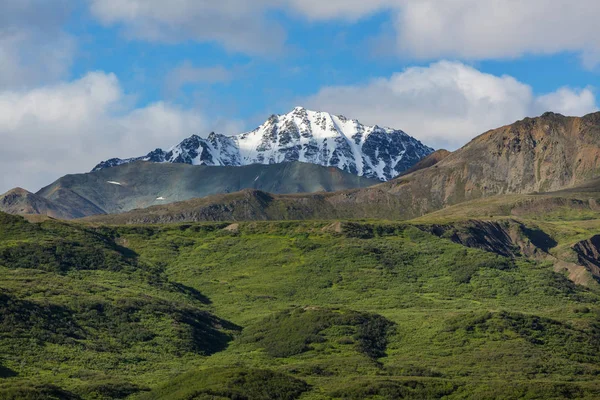 Pintorescas Montañas Alaska Verano Macizos Cubiertos Nieve Glaciares Picos Rocosos —  Fotos de Stock