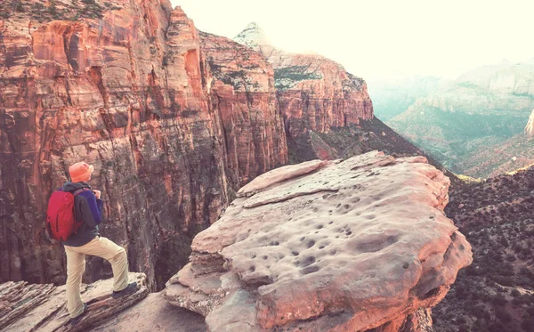 Hike Zion National Park Man Walk Trail Zion National Park — Stock Photo, Image