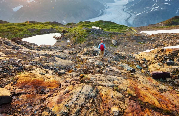 在加拿大山区远足的人 远足是北美流行的娱乐活动 有许多风景如画的小径 — 图库照片