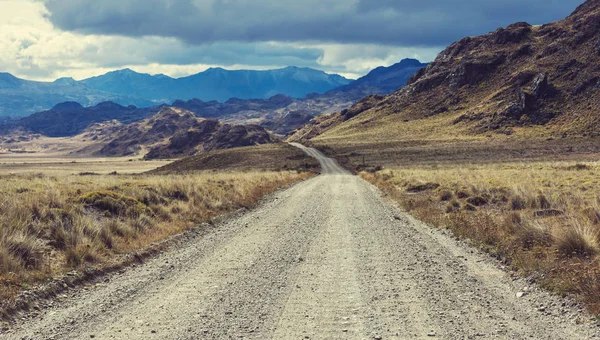 Paysages Patagonie Dans Sud Argentine Route Gravier Dans Prairie Coucher — Photo