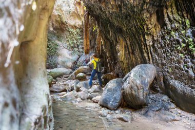 Avakas Vadisi 'nde bir turist. Paphos Bölgesi, Kıbrıs. Sounh Kıbrıs 'taki ünlü küçük kanyon.