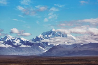 Denali Ulusal Parkı manzaraları. Denali Dağı, Kuzey Amerika 'nın Alaska' daki en yüksek dağ zirvesidir..