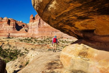Utah dağlarında yürüyüş. Alışılmadık doğal manzaralarda yürüyüş. Fantastik kumtaşı oluşumları.
