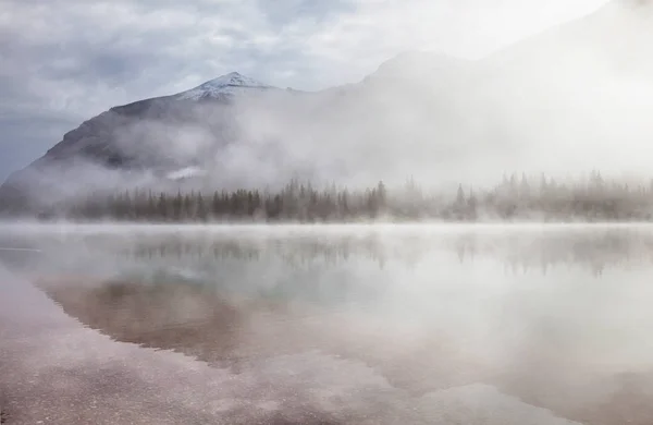 Misty Λίμνη Στο Βουνό Νωρίς Γαλήνιο Πρωί Στα Βουνά — Φωτογραφία Αρχείου