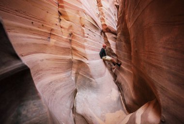 Utah, ABD 'deki Grand Staircase Escalante Ulusal Parkı' ndaki Slot Kanyonu. Utah çöllerindeki alışılmadık renkli kumtaşı oluşumları yürüyüşçüler için popülerdir. Canlı mercan tonu.