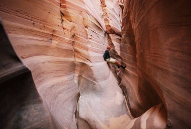 Slot canyon in Grand Staircase Escalante National park, Utah, USA. Unusual colorful sandstone formations in deserts of Utah are popular destination for hikers. Living coral toned. clipart