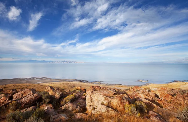Vista Panorámica Del Paisaje Del Gran Lago Salado Atardecer — Foto de Stock