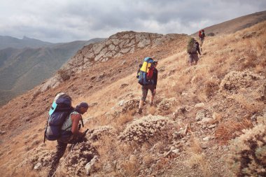 Bir grup gezgin dağlarda yürüyüş yapıyor aktif yaşam tarzı seyahat macera seyahatleri özgürlük yaz manzarası konsepti