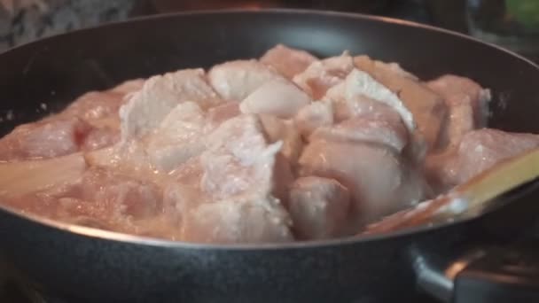 Close up van een kippenvlees koken in de koekenpan. — Stockvideo