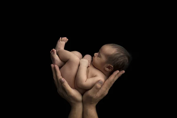 Nouveau Bébé Dans Les Mains Sur Fond Noir Nouveau Embrasse Images De Stock Libres De Droits