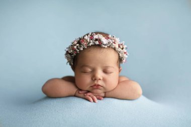 Mavi battaniyenin üzerinde çiçekli saç bandı takmış yeni doğmuş bir bebek..