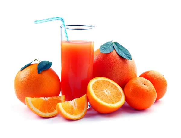 Grapefruittangerin und Orangen- und Saftglas — Stockfoto