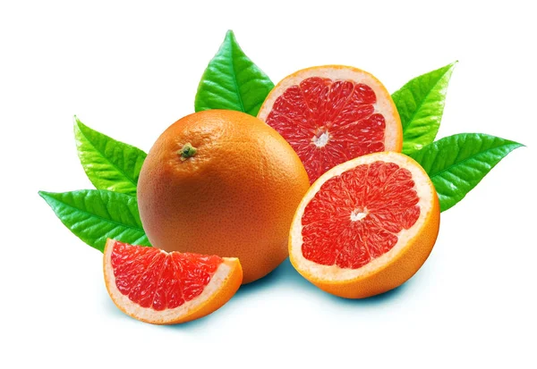 Isolated grapefruits. Collection of whole pink grapefruit and sl — Stock Photo, Image