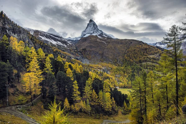 Stunning autumn scenery of famous alp peak Matterhorn. Swiss Alp