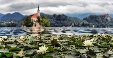 Bled Gölü yakınlarındaki St. Martin Kilisesi 'nin sabah manzarası