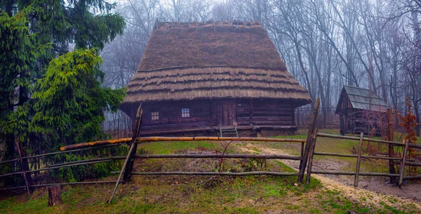 Malebná Venkovská Krajina Autentické Ukrajinské Vesnice Barevném Podzimu Dřevěnými Chatrčemi — Stock fotografie