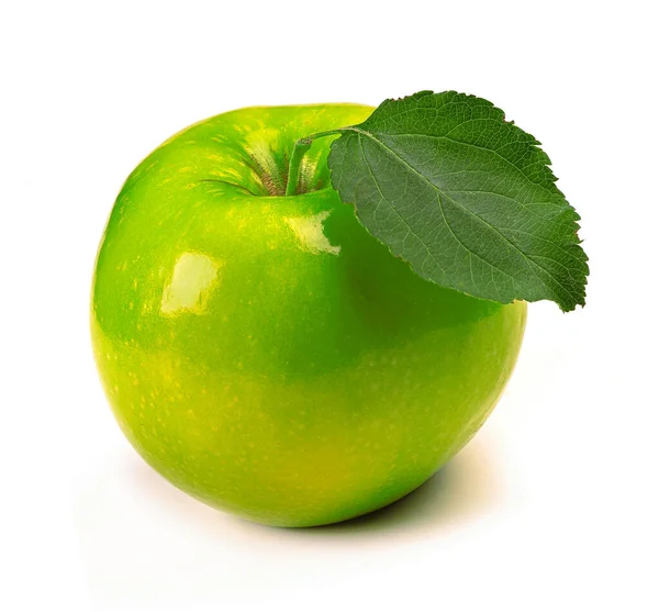 Egyetlen Érett Zöld Alma Gyümölcs Zöld Levél Elszigetelt Fehér Alapon — Stock Fotó