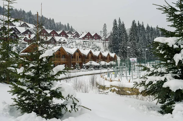 Mysiga trähus i en snöig skog — Stockfoto