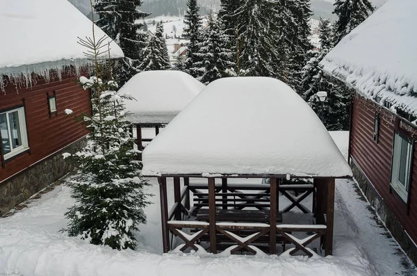 Mysiga trähus i en snöig skog — Stockfoto