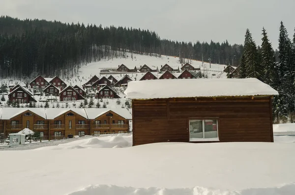 Mysiga trähus i en snöig skog — Stockfoto