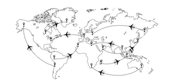 Dünya Haritası ve uçaklar — Stok Vektör