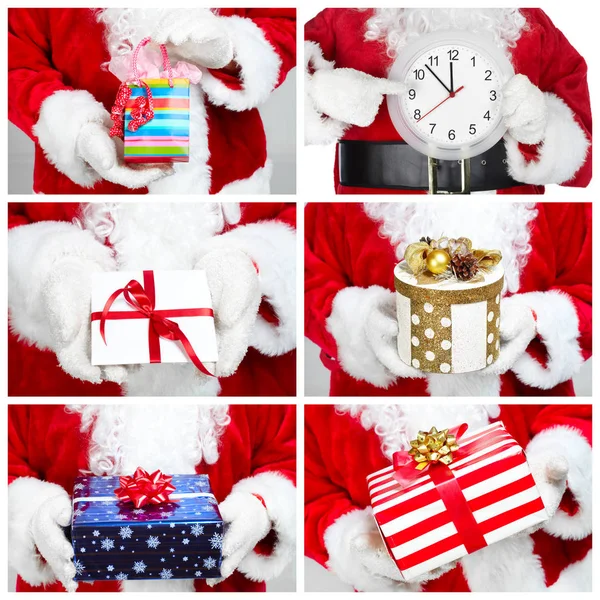 Manos de Santa Claus con regalo. Collage. — Foto de Stock