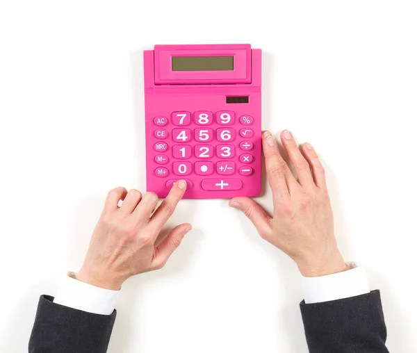 Handen zakenvrouw en rode calculator — Stockfoto