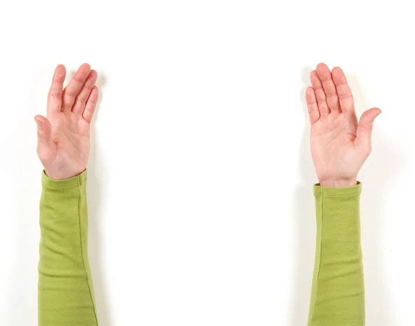 Händer i grön jacka och gester — Stockfoto