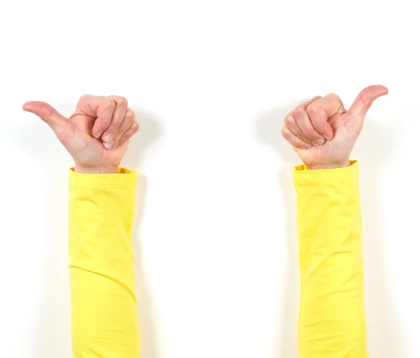 Manos en chaqueta amarilla y gestos. Ok. —  Fotos de Stock
