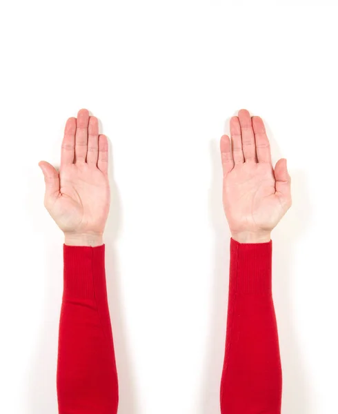 Hands in red jacket and gestures — Stock Photo, Image