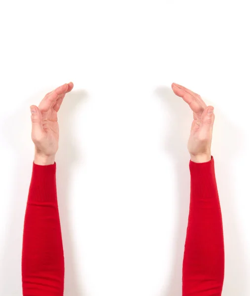 Händer i röd jacka och gester — Stockfoto