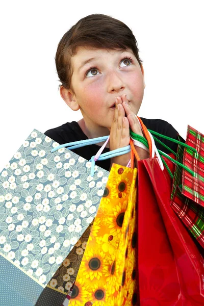 Dziewczynka z torby na zakupy na białym tle — Zdjęcie stockowe
