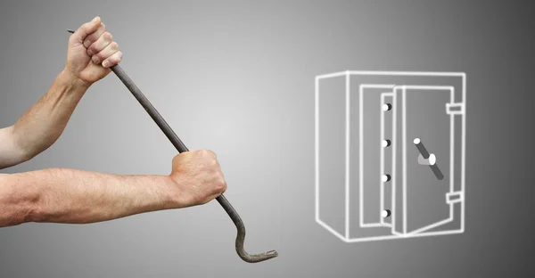 The hands with the crowbar break open the safe — Stock Photo, Image