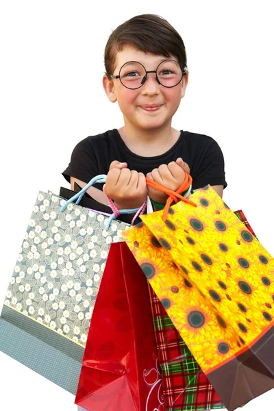 Dziewczynka z torby na zakupy na białym tle — Zdjęcie stockowe