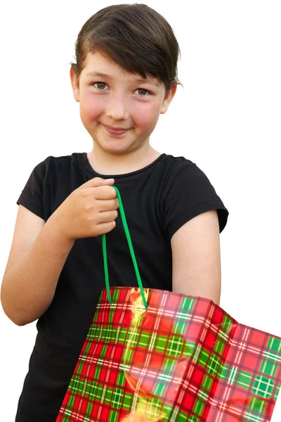 Little girl with shopping bags on white background — Stock Photo, Image