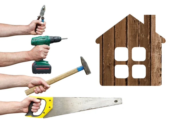 Hände von Arbeitern mit Werkzeug und Haus — Stockfoto