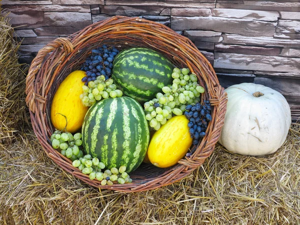 Meyve sepeti ile kavun, karpuz üzümleri, saman — Stok fotoğraf