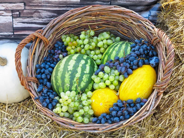 Corbeille de fruits au melon, raisins pastèques, sur paille — Photo