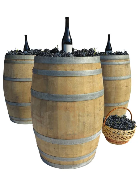 Barril de madeira com uvas e garrafas de vinho isoladas sobre branco — Fotografia de Stock