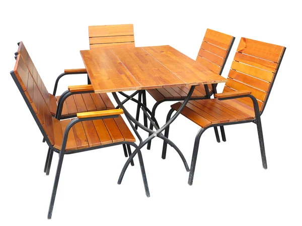 组的木制花园家具桌子和椅子上白衣孤立 — 图库照片