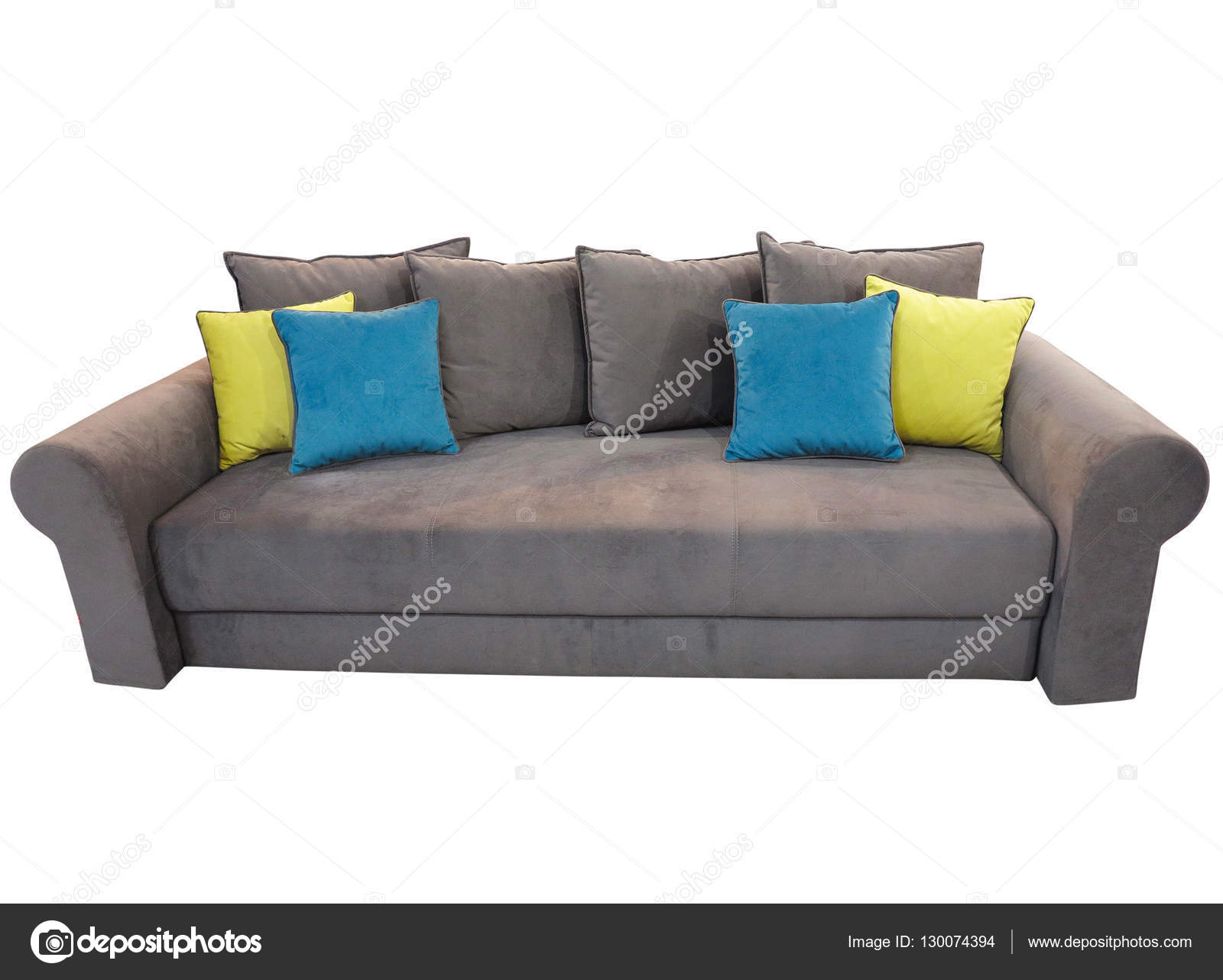 Móveis de sofá cinza com almofadas coloridas isoladas em branco fotos,  imagens de © arogant #130074394