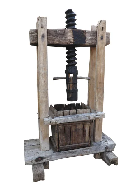 Ancient wooden wine old press isolated on white — Stock Photo, Image