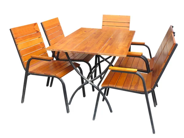 组的木制花园家具桌子和椅子上白衣孤立 — 图库照片