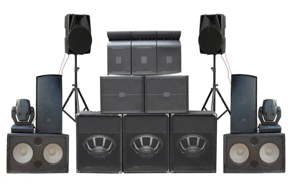 Big group of old industrial powerful stage sound speakers isolat — Stock Photo, Image