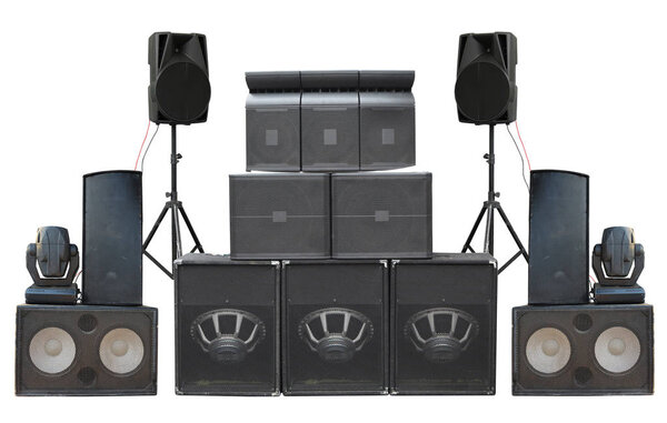 Big group of old industrial powerful stage sound speakers isolated over white background
