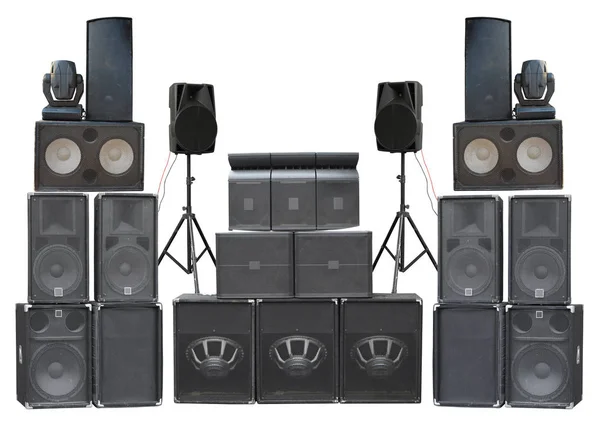 Big group of old industrial powerful stage sound speakers isolat — Stock Photo, Image