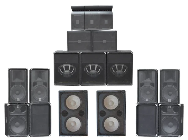 Big group of old industrial powerful stage sound speakers isolat — Stock Photo, Image